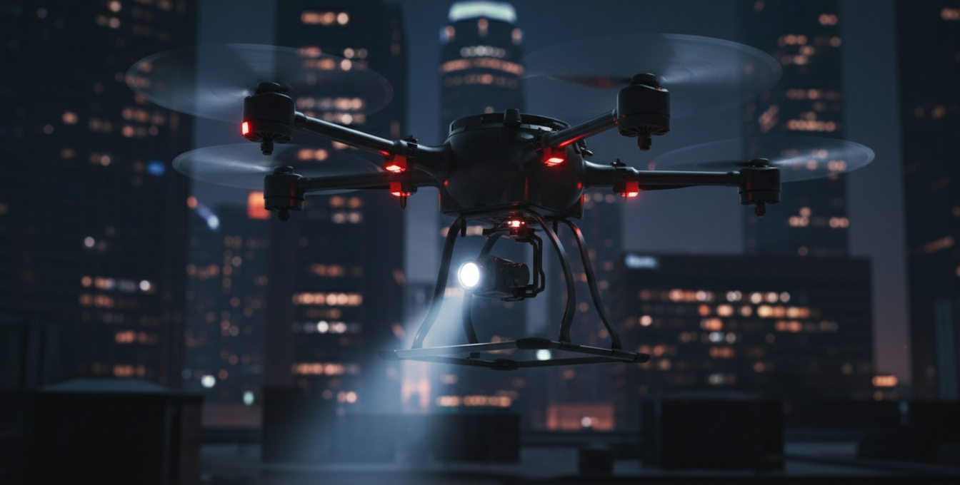 Drone profissional sobrevoando área industrial